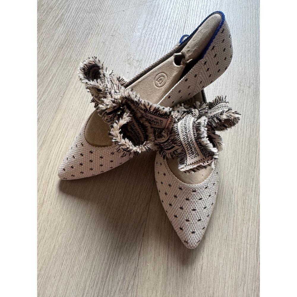 Rothys The Point Flats Sand Black Spotted Fringed Ankle Wrap Tie Shoes Size 10